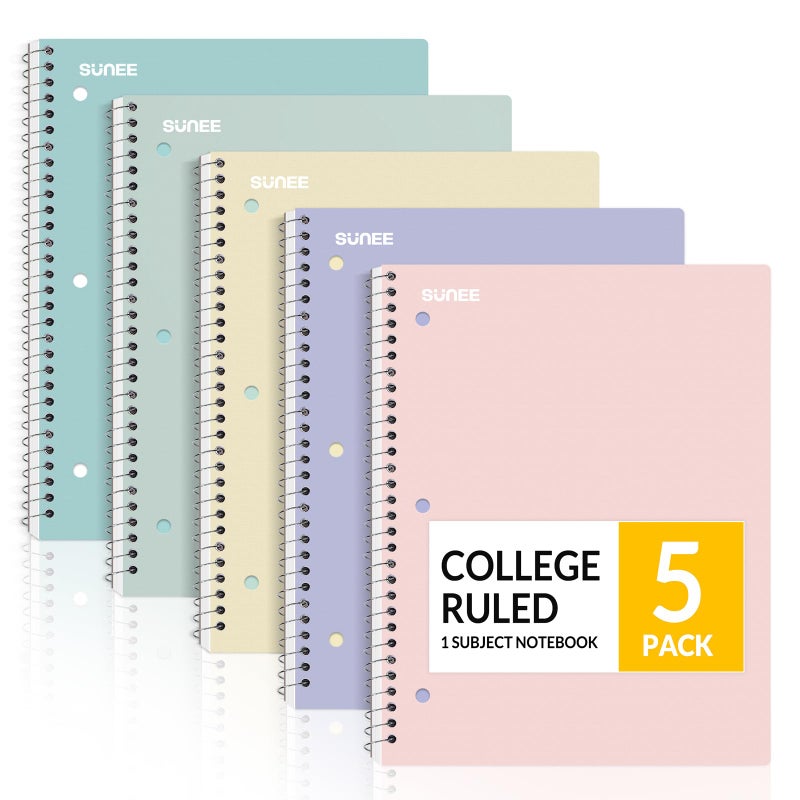 SUNEE Spiral Notebooks, 1-Subject, 5 Pack, College Ruled Paper, 8"" x 10-1/2"", 70 Sheets per Notebook,3-Hole Punched Paper, Pink,Purple, Blue, Green, Yellow Spiral Lined Notebooks for School,Work - Image 1